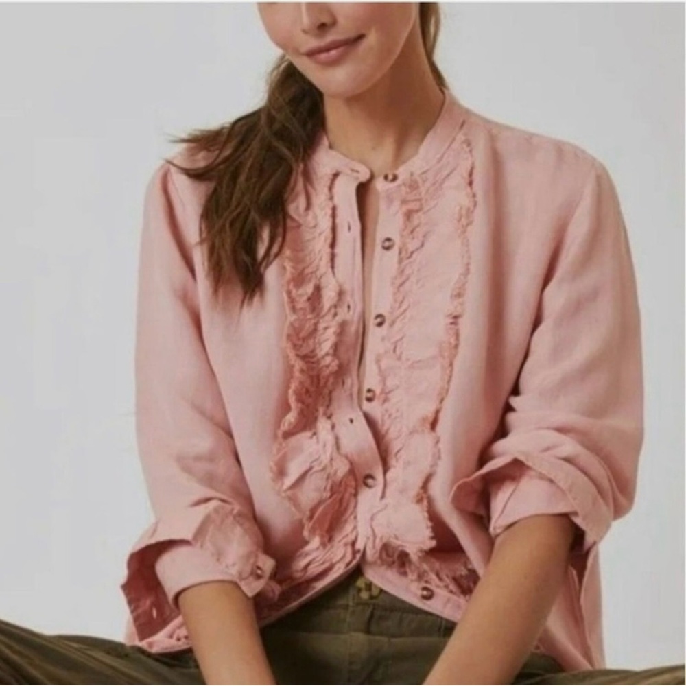 Anthropologie Pilcro Peach Button Down Ruffle Placket Blouse Linen M